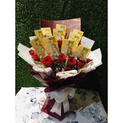 Money with 6 Pcs. White Roses in a Bouquet