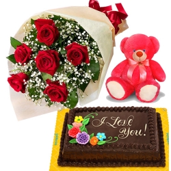 6 Red Roses,Red Bear with Cake
