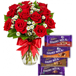 12 Red Roses Vase with Cadbury Dairy Milk 4 Varieties Send to Manila Philippines
