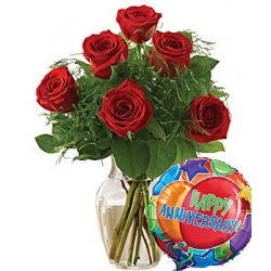 6 Red Roses in a vase with happy anniversary Balloon Send to Manila Philippines