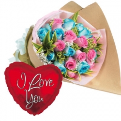 24 Pink & Blue rose in a bouquet with balloon send philippines