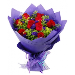 12 Red Roses in Blue Bouquet