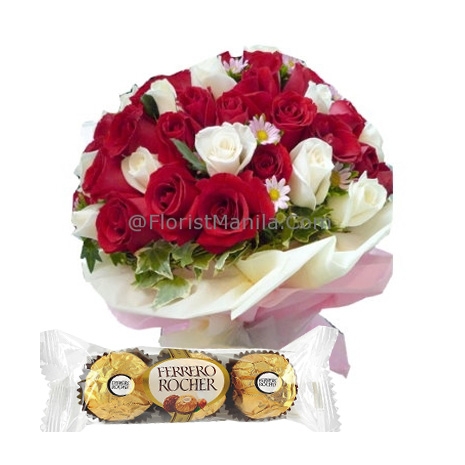 24 Red & white Roses with 3pcs Ferrero Delivery to Manila Philippines
