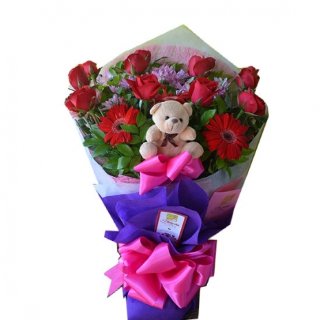 12 Red Roses Bouquet with Bear and Gerbera