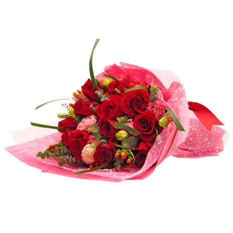 12 Red Roses Bouquet with Seasonal Bloom